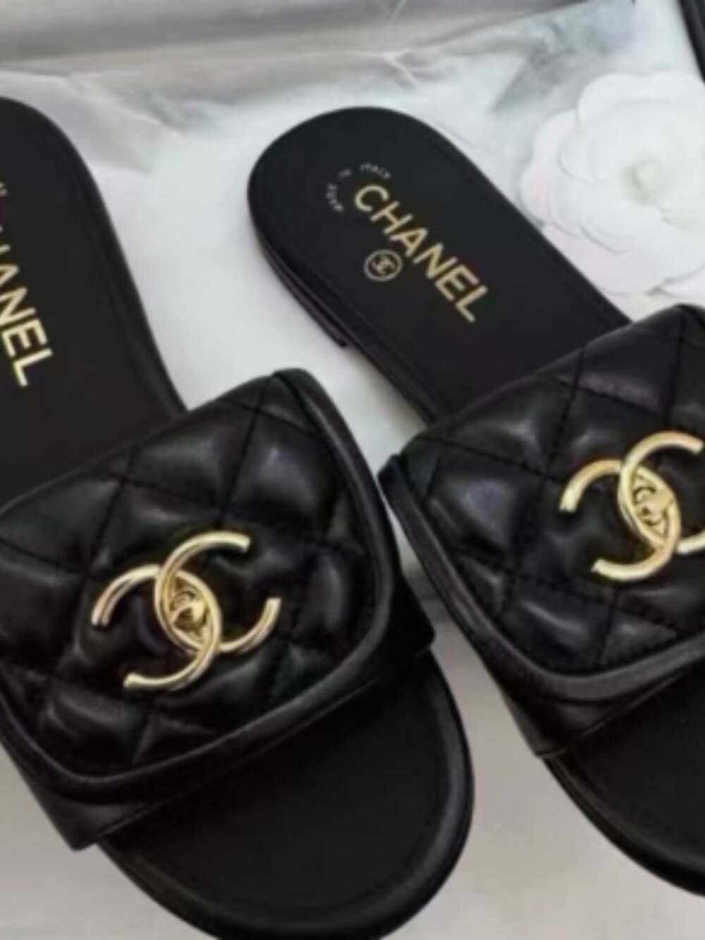 Chanel Black Quilted Leather CC Turnlock Slide Sandals